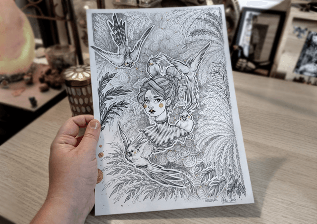 La femme aux oiseaux, Format A4, 21 x 29,7 cm