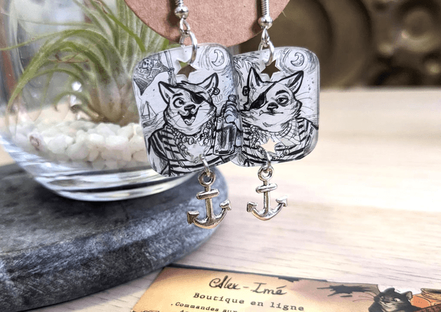 Chats-Pirates, boucles d'oreilles, format moyen, avec breloque