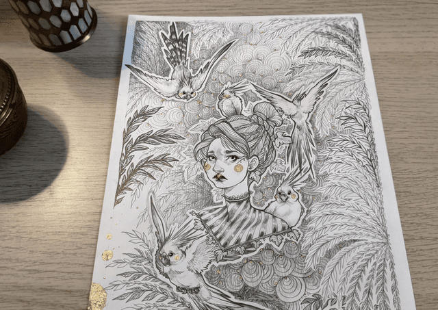 La femme aux oiseaux, Format A4, 21 x 29,7 cm